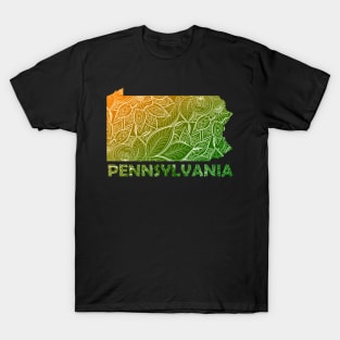 Colorful mandala art map of Pennsylvania with text in green and orange T-Shirt